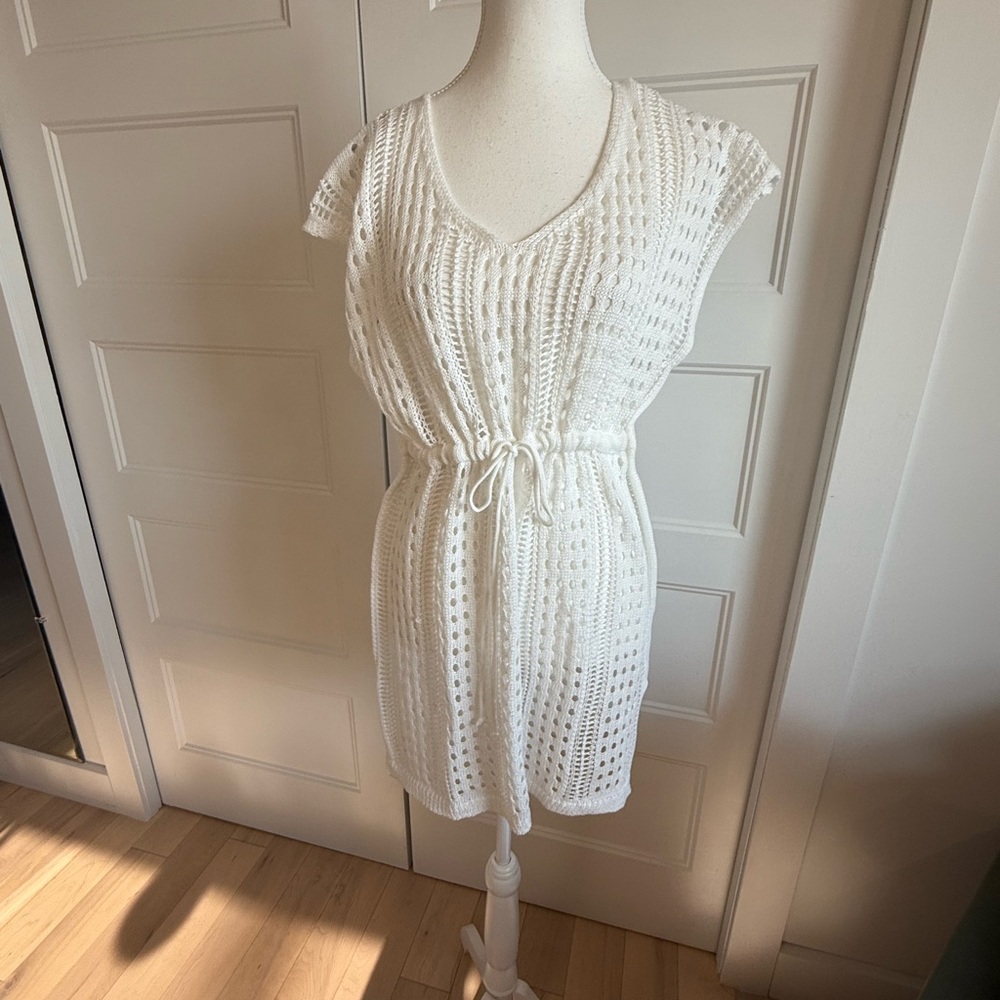 White Crochet dress -swim cover up with Drawstring Waist
